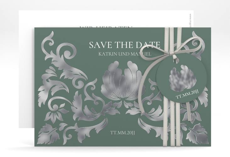 Save the Date-Karte Royal A6 Karte quer gruen silber mit barockem Blumen-Ornament