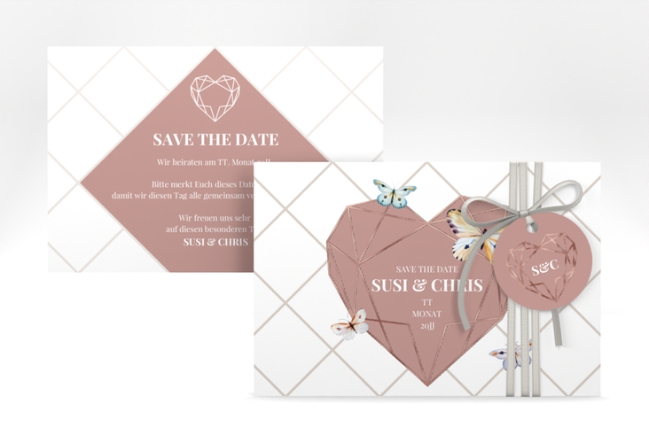 Save the Date-Karte Butterfly A6 Karte quer weiss rosegold mit Schmetterlingen und Herz im Geometric Design