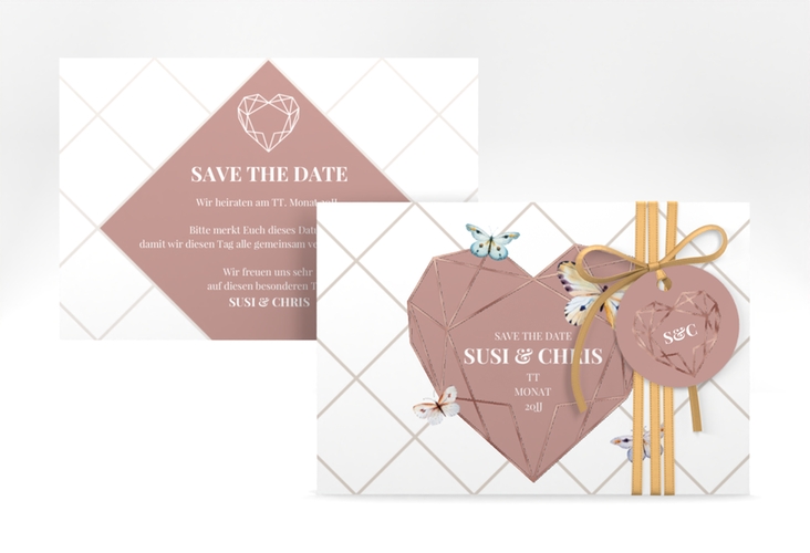 Save the Date-Karte Butterfly A6 Karte quer weiss rosegold mit Schmetterlingen und Herz im Geometric Design