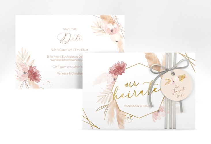 Save the Date-Karte Bohostyle A6 Karte quer beige gold mit Pampasgras in Aquarell