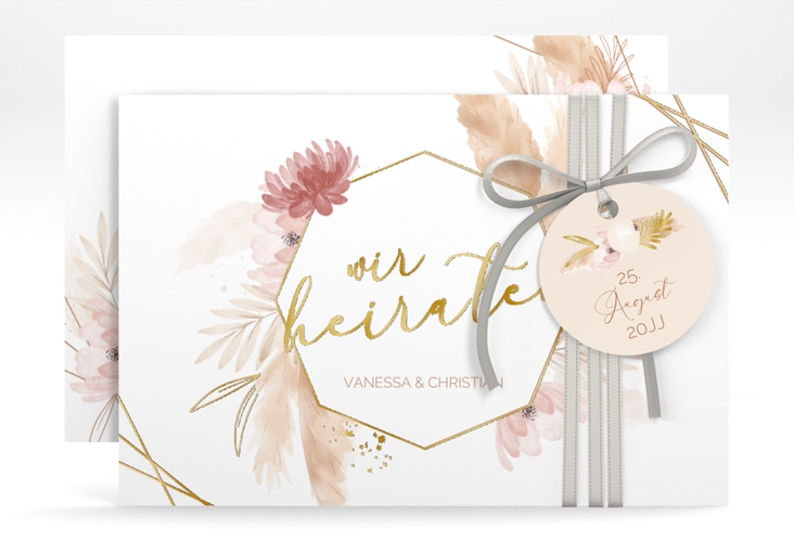 Save the Date-Karte Bohostyle A6 Karte quer beige gold mit Pampasgras in Aquarell