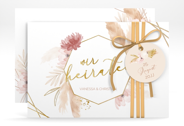 Save the Date-Karte Bohostyle A6 Karte quer beige gold mit Pampasgras in Aquarell