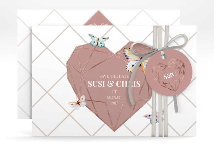 Save the Date-Karte Butterfly A6 Karte quer weiss rosegold mit Schmetterlingen und Herz im Geometric Design