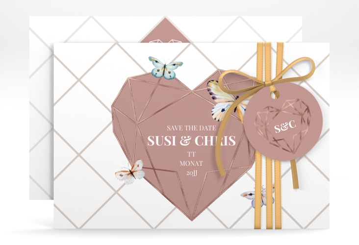 Save the Date-Karte Butterfly A6 Karte quer weiss rosegold mit Schmetterlingen und Herz im Geometric Design