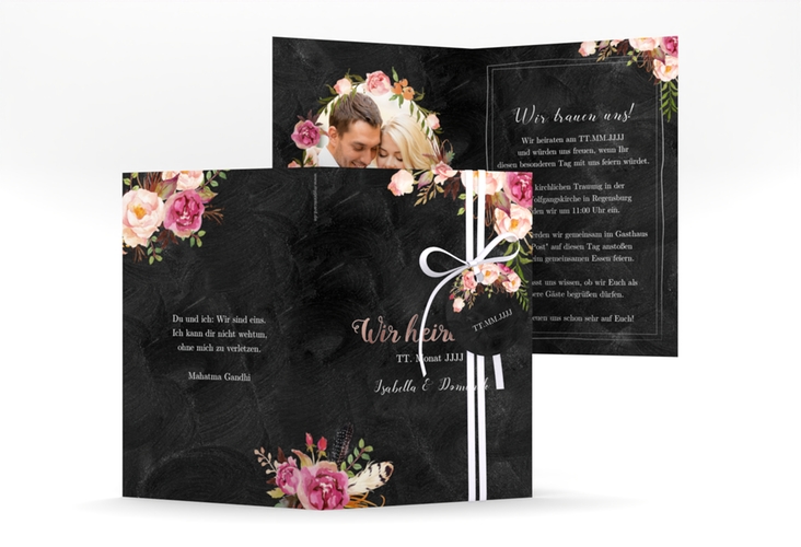 Einladungskarte Hochzeit Flowers A6 Klappkarte hoch rosegold mit bunten Aquarell-Blumen