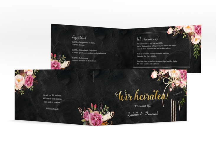 Hochzeitseinladung Flowers lange Klappkarte quer gold mit bunten Aquarell-Blumen