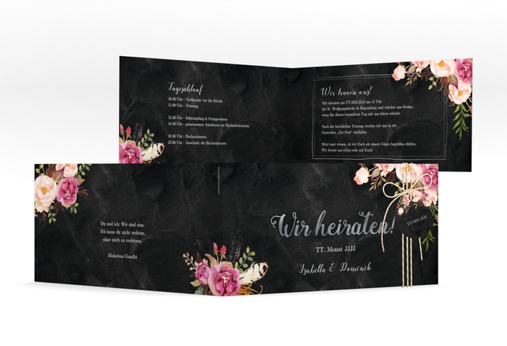 Hochzeitseinladung Flowers lange Klappkarte quer silber mit bunten Aquarell-Blumen