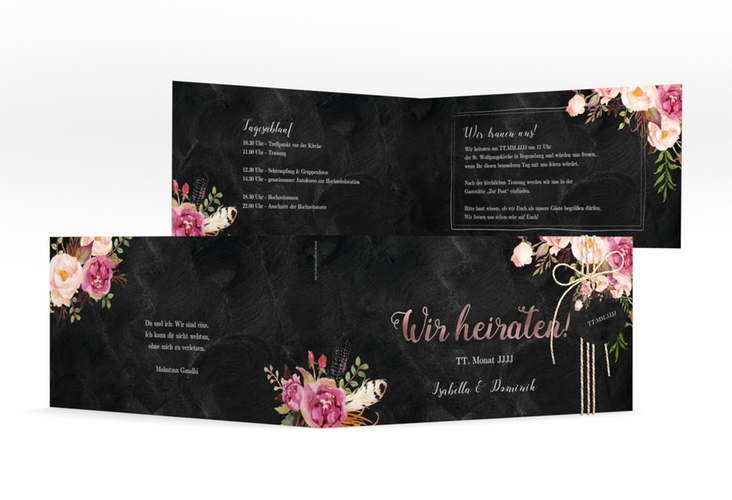 Hochzeitseinladung Flowers lange Klappkarte quer rosegold mit bunten Aquarell-Blumen