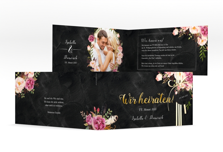 Hochzeitseinladung Flowers lange Klappkarte quer gold mit bunten Aquarell-Blumen