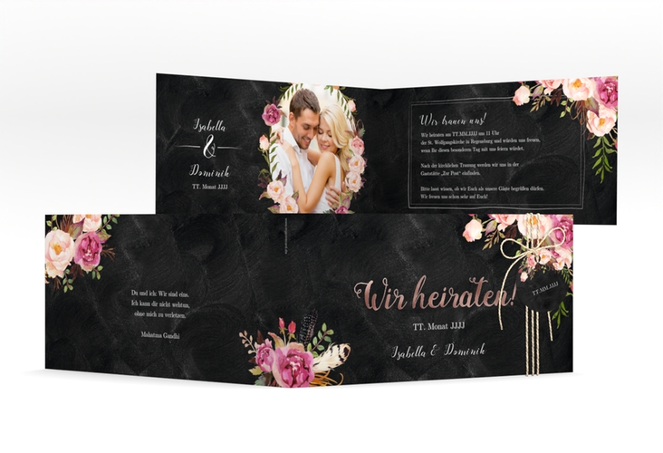 Hochzeitseinladung Flowers lange Klappkarte quer rosegold mit bunten Aquarell-Blumen