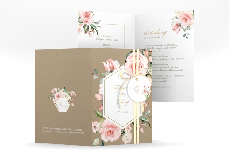 Einladungskarte Hochzeit Graceful A6 Klappkarte hoch gold mit Rosenblüten in Rosa und Weiß