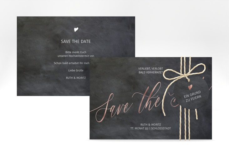 Save the Date-Karte Chalkboard A6 Karte quer schwarz rosegold mit Folienveredelung