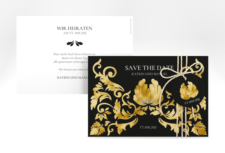 Save the Date-Karte Royal A6 Karte quer schwarz gold mit barockem Blumen-Ornament