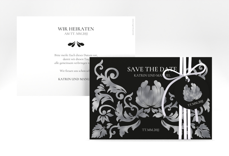 Save the Date-Karte Royal A6 Karte quer schwarz silber mit barockem Blumen-Ornament