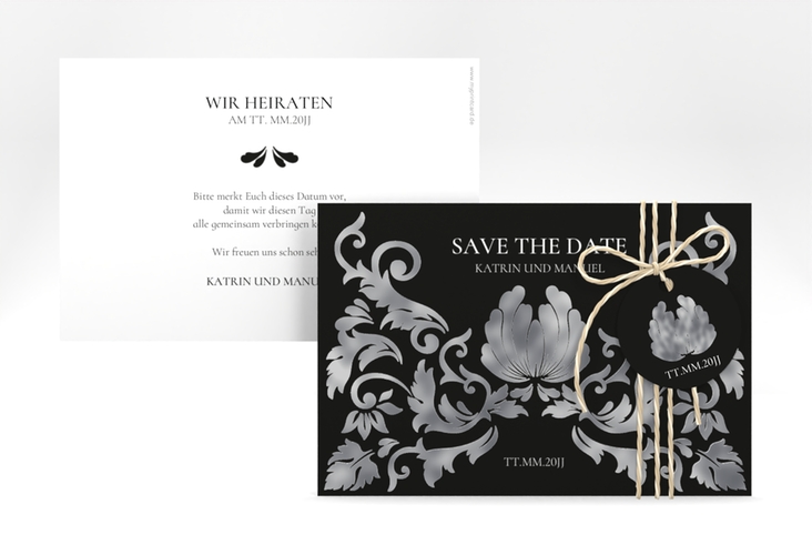 Save the Date-Karte Royal A6 Karte quer schwarz silber mit barockem Blumen-Ornament