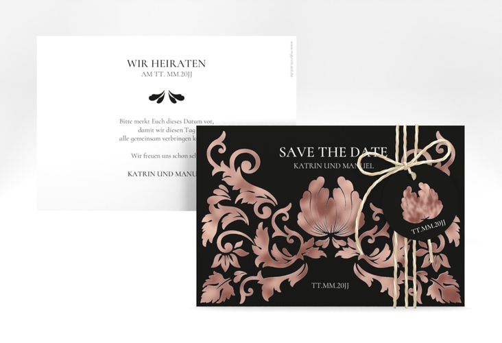 Save the Date-Karte Royal A6 Karte quer schwarz rosegold mit barockem Blumen-Ornament