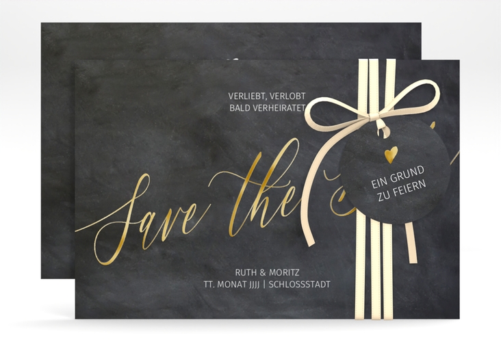 Save the Date-Karte Chalkboard A6 Karte quer schwarz gold mit Folienveredelung