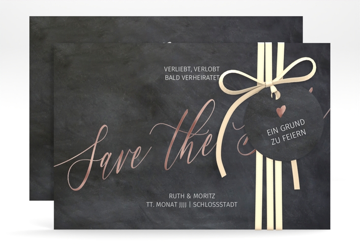 Save the Date-Karte Chalkboard A6 Karte quer schwarz rosegold mit Folienveredelung