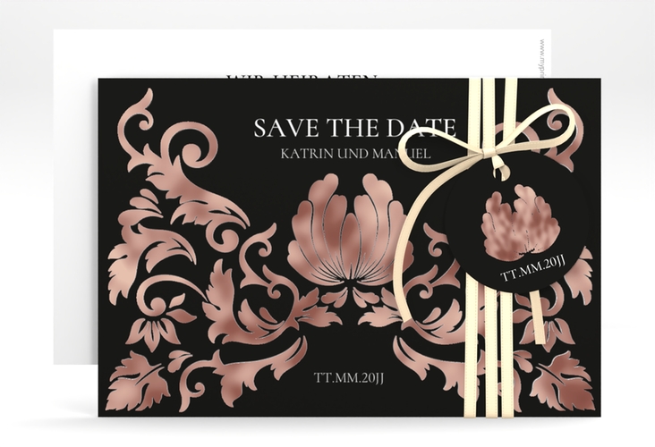 Save the Date-Karte Royal A6 Karte quer schwarz rosegold mit barockem Blumen-Ornament