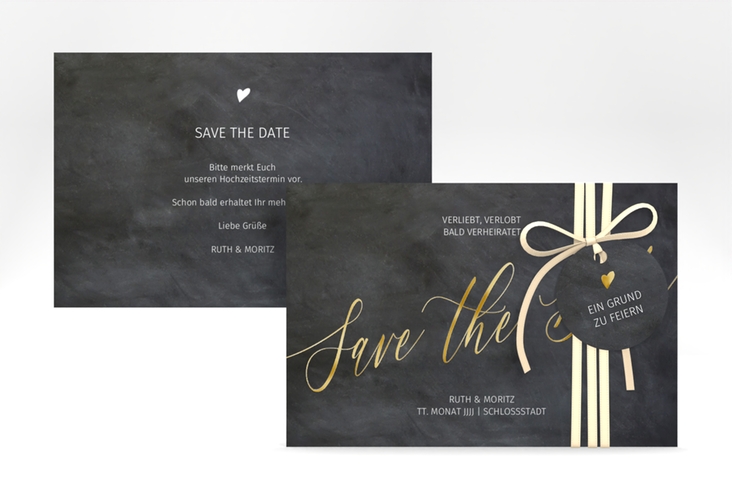 Save the Date-Karte Chalkboard A6 Karte quer schwarz gold mit Folienveredelung