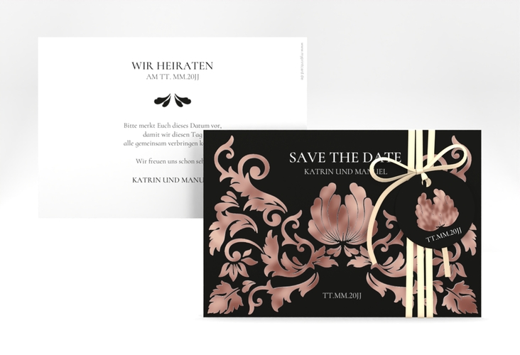 Save the Date-Karte Royal A6 Karte quer schwarz rosegold mit barockem Blumen-Ornament