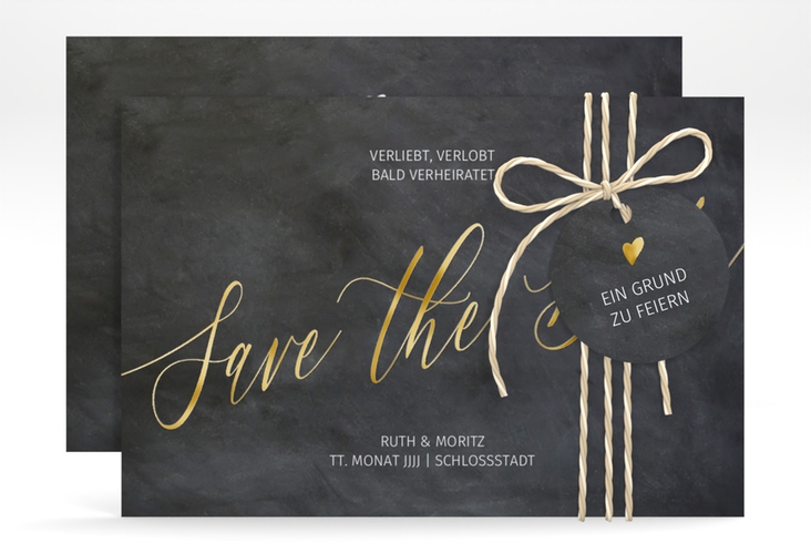 Save the Date-Karte Chalkboard A6 Karte quer schwarz gold mit Folienveredelung