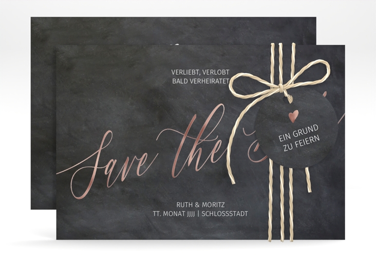 Save the Date-Karte Chalkboard A6 Karte quer schwarz rosegold mit Folienveredelung