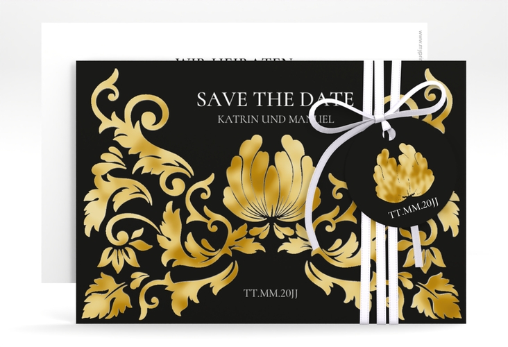 Save the Date-Karte Royal A6 Karte quer schwarz gold mit barockem Blumen-Ornament