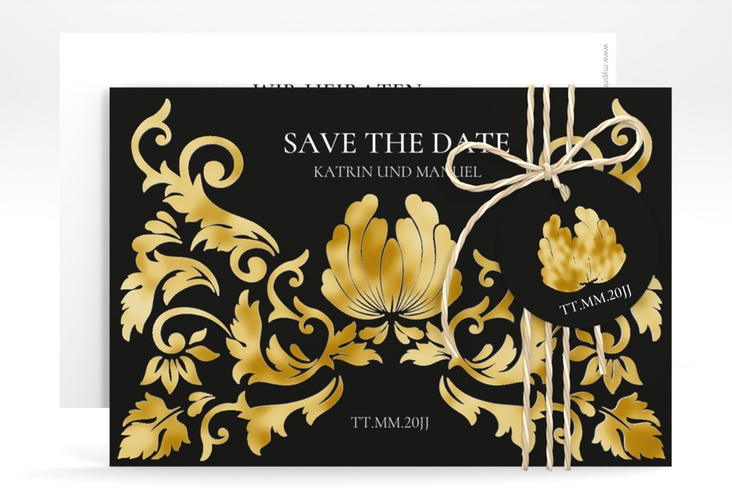 Save the Date-Karte Royal A6 Karte quer schwarz gold mit barockem Blumen-Ornament