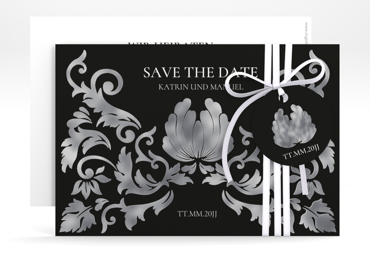 Save the Date-Karte Royal A6 Karte quer schwarz silber mit barockem Blumen-Ornament