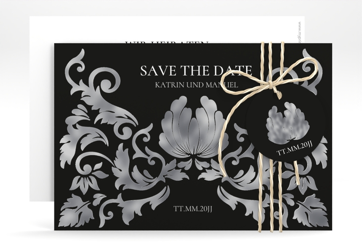 Save the Date-Karte Royal A6 Karte quer schwarz silber mit barockem Blumen-Ornament