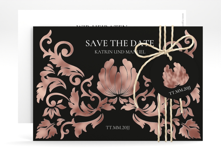 Save the Date-Karte Royal A6 Karte quer schwarz rosegold mit barockem Blumen-Ornament