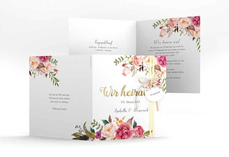 Hochzeitseinladung Flowers quadr. Klappkarte weiss gold mit bunten Aquarell-Blumen