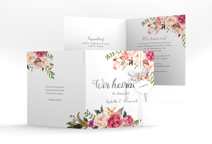 Hochzeitseinladung Flowers quadr. Klappkarte weiss silber mit bunten Aquarell-Blumen