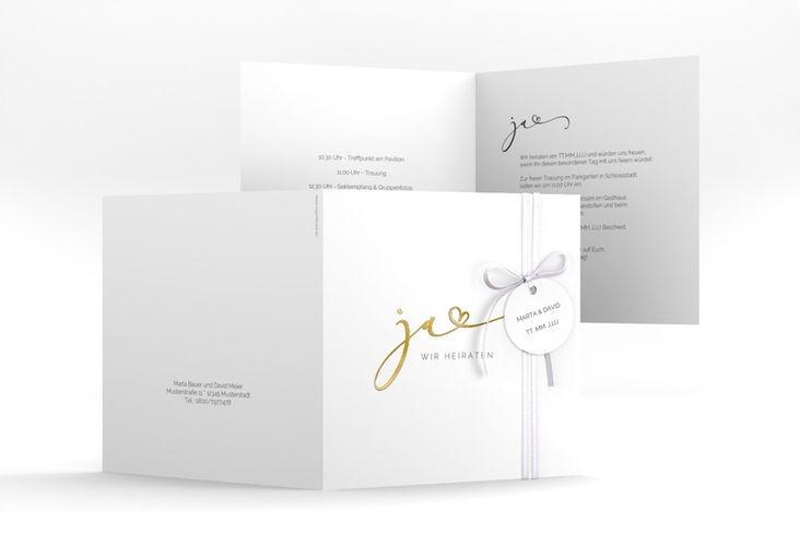 Hochzeitseinladung Jawort quadr. Klappkarte weiss gold modern minimalistisch mit veredelter Aufschrift