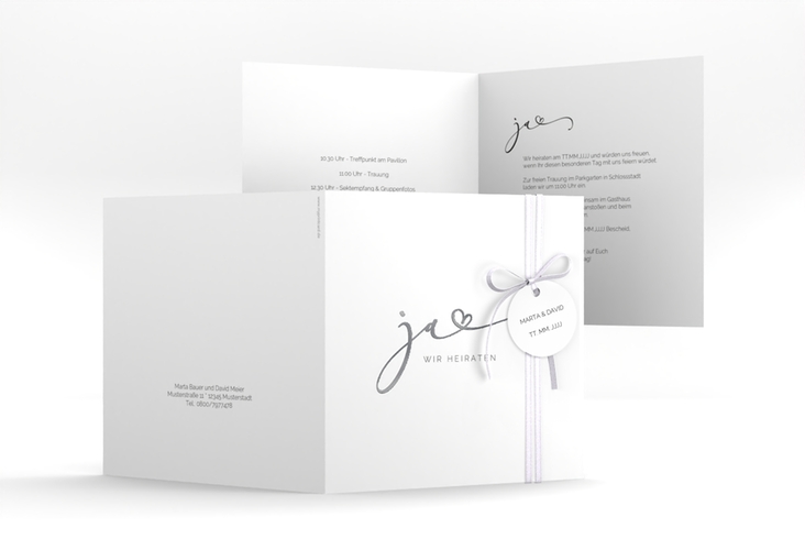 Hochzeitseinladung Jawort quadr. Klappkarte weiss silber modern minimalistisch mit veredelter Aufschrift