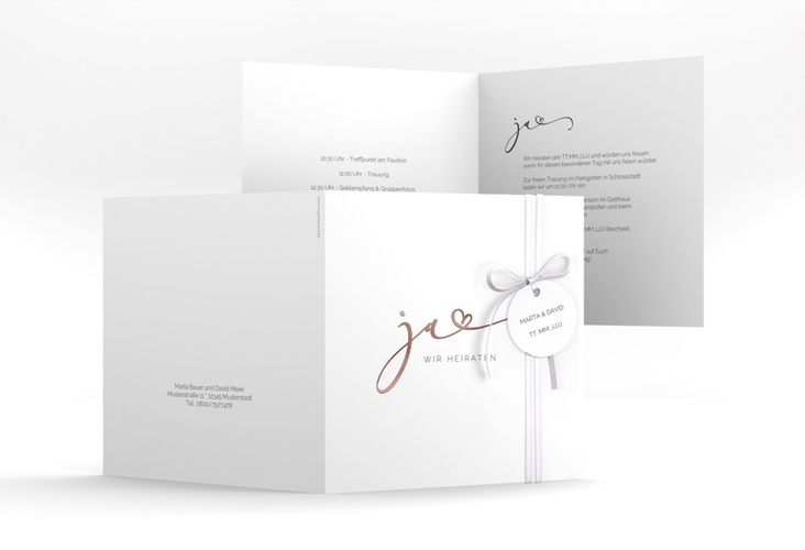 Hochzeitseinladung Jawort quadr. Klappkarte weiss rosegold modern minimalistisch mit veredelter Aufschrift