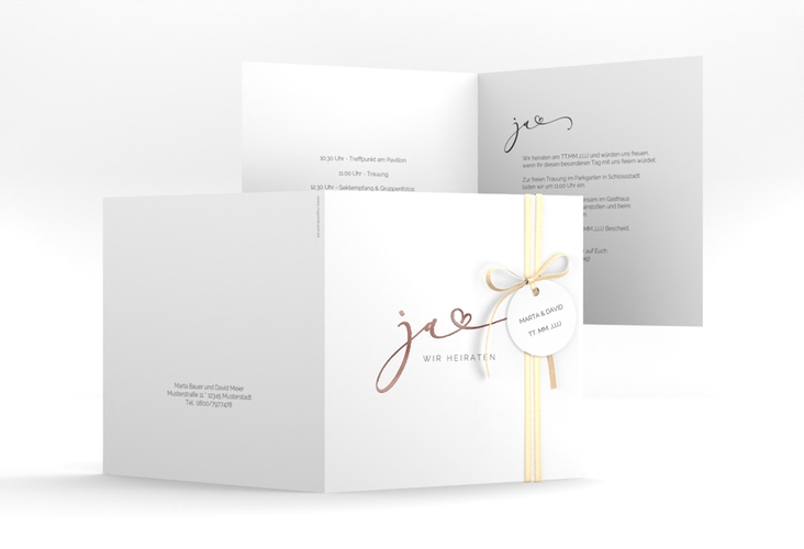 Hochzeitseinladung Jawort quadr. Klappkarte weiss rosegold modern minimalistisch mit veredelter Aufschrift