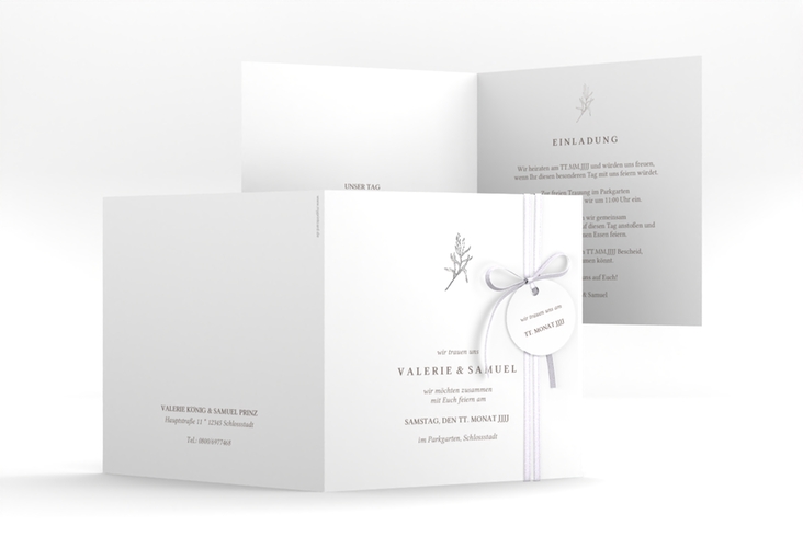 Hochzeitseinladung Ivy quadr. Klappkarte weiss silber minimalistisch mit kleiner botanischer Illustration