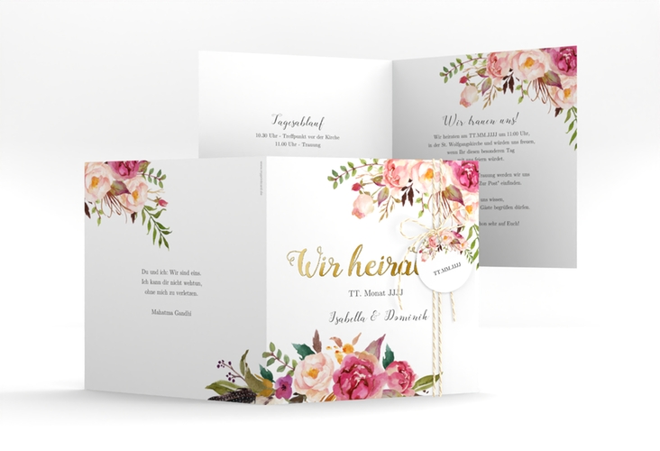 Hochzeitseinladung Flowers quadr. Klappkarte weiss gold mit bunten Aquarell-Blumen