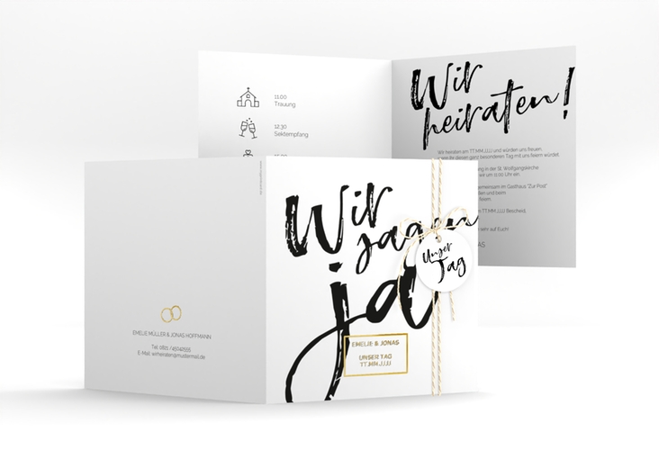 Hochzeitseinladung Words quadr. Klappkarte weiss gold modern mit Brush-Schrift