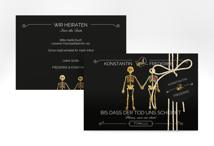 Save the Date-Karte Bones A6 Karte quer schwarz gold lustig mit Skelett-Brautpaar