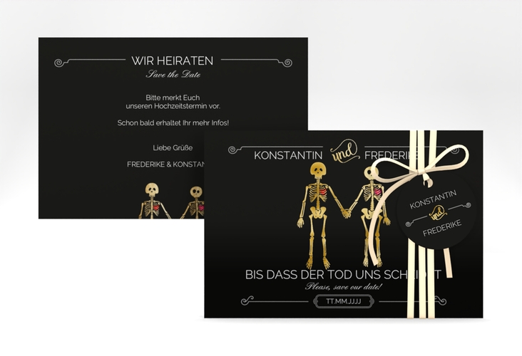 Save the Date-Karte Bones A6 Karte quer schwarz gold lustig mit Skelett-Brautpaar