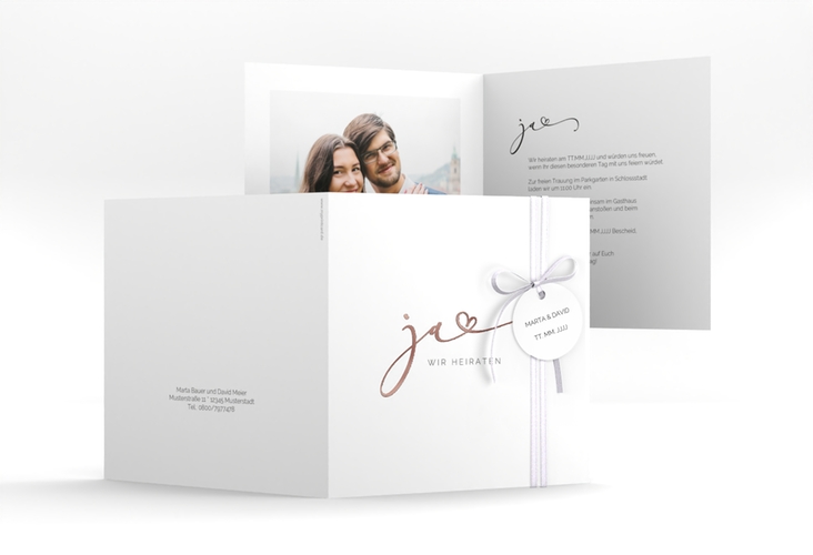 Hochzeitseinladung Jawort quadr. Klappkarte weiss rosegold modern minimalistisch mit veredelter Aufschrift