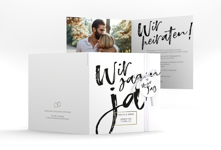 Hochzeitseinladung Words quadr. Klappkarte weiss silber modern mit Brush-Schrift