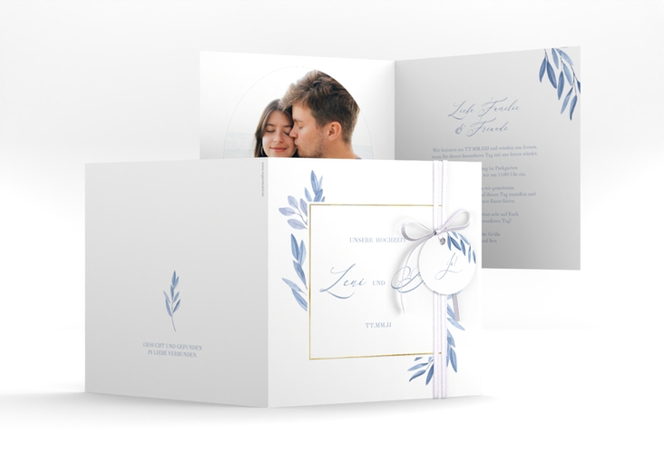 Hochzeitseinladung Classicblue quadr. Klappkarte weiss gold