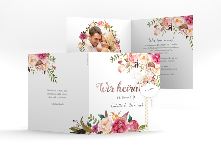 Hochzeitseinladung Flowers quadr. Klappkarte weiss rosegold mit bunten Aquarell-Blumen