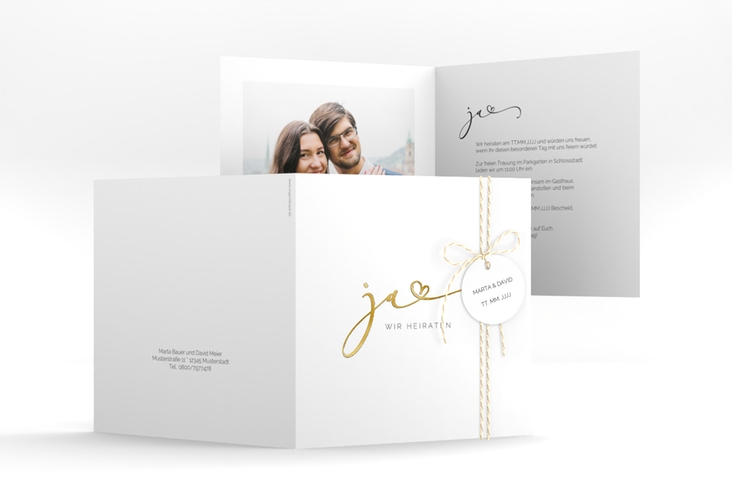 Hochzeitseinladung Jawort quadr. Klappkarte weiss gold modern minimalistisch mit veredelter Aufschrift