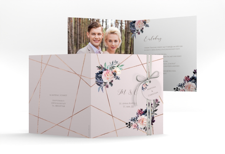 Hochzeitseinladung Azalie quadr. Klappkarte rosa rosegold