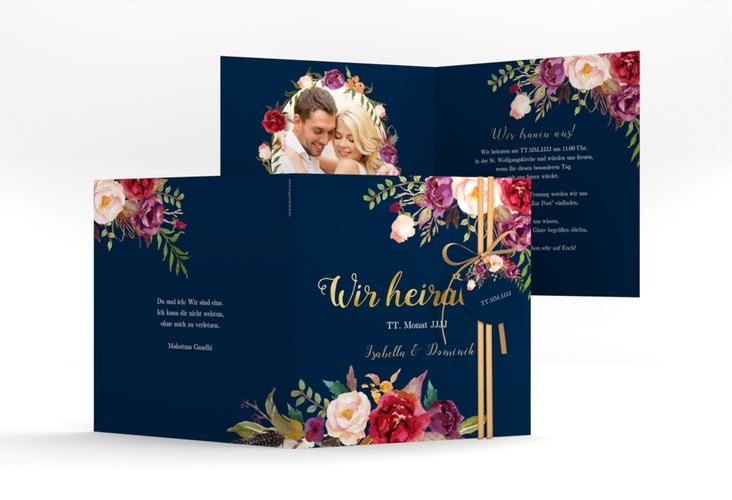 Hochzeitseinladung Flowers quadr. Klappkarte blau gold mit bunten Aquarell-Blumen